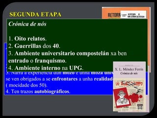 SEGUNDA ETAPA Retorno a Tagen Ata 1.  Política –ficción . 2. Explica o  xurdimento  do  nacionalismo galego revolucionario  dos anos  70 . Elipsis e outras sombras 1.  Visión negativa  da  violencia  do  estado  contra os  inconformistas . 2. Son relatos que se corresponden co  realismo social . Antón e os inocentes 1. É a súa  segunda novela . 2.  Ambiente urbano compostelán . 3. Narra a experiencia dun  mozo  e unha  moza universitarios  que se ven obrigados a se  enfrontares  a unha  realidade inxusta  ( mocidade dos 50). 4. Ten trazos  autobiográficos . Crónica de nós 1.  Oito relatos . 2.  Guerrillas  dos  40 . 3.  Ambiente universitario compostelán  xa ben  entrado  o  franquismo . 4.  Ambiente interno  na  UPG . 