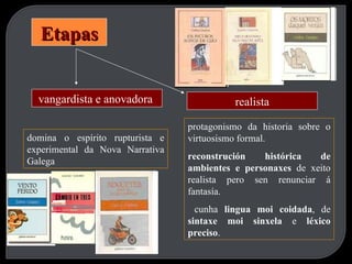 Etapas vangardista e anovadora  realista domina o espírito rupturista e experimental da Nova Narrativa Galega  protagonismo da historia sobre o virtuosismo formal.  reconstrución   histórica de ambientes e personaxes  de xeito realista pero sen renunciar á fantasía. cunha  lingua moi coidada , de  sintaxe moi sinxela  e  léxico preciso .  