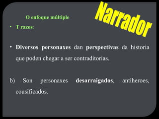 O enfoque múltiple T razos : Diversos personaxes  dan  perspectivas  da historia que poden chegar a ser contraditorias. b) Son personaxes  desarraigados , antiheroes, cousificados. Narrador 