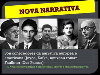 Son coñecedores da narrativa europea e americana (Joyce, Kafka, nouveau roman, Faulkner, Dos Passos) NOVA NARRATIVA   A Nova Narrativa galega. Características, autores e obras representativas.  