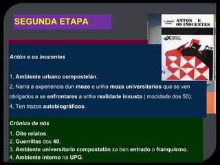 SEGUNDA ETAPA
Retorno a Tagen Ata
1. Política –ficción.
2. Explica o xurdimento do nacionalismo
galego revolucionario dos anos 70.
Elipsis e outras sombras
1. Visión negativa da violencia do estado contra os
inconformistas.
2. Son relatos que se corresponden co realismo social.
Antón e os inocentes
1. Ambiente urbano compostelán.
2. Narra a experiencia dun mozo e unha moza universitarios que se ven
obrigados a se enfrontares a unha realidade inxusta ( mocidade dos 50).
4. Ten trazos autobiográficos.
Crónica de nós
1. Oito relatos.
2. Guerrillas dos 40.
3. Ambiente universitario compostelán xa ben entrado o franquismo.
4. Ambiente interno na UPG.
 