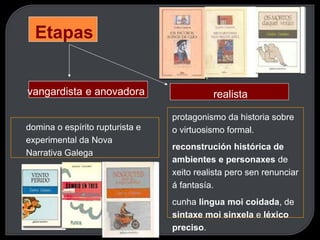 Etapas
vangardista e anovadora realista
domina o espírito rupturista e
experimental da Nova
Narrativa Galega
protagonismo da historia sobre
o virtuosismo formal.
reconstrución histórica de
ambientes e personaxes de
xeito realista pero sen renunciar
á fantasía.
cunha lingua moi coidada, de
sintaxe moi sinxela e léxico
preciso.
 