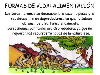 FORMAS DE VIDA: ALIMENTACIÓN
Los seres humanos se dedicaban a la caza, la pesca y la
recolección, eran depredadores, ya que no sabían
obtener de otra forma el alimento.
Su economía, por tanto, era depredadora, ya que no
reponían los recursos tomados de la naturaleza.
 