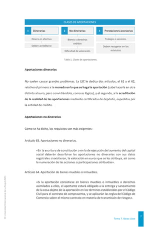 Tema 7. Ideas clave
7
©
Universidad
Internacional
de
La
Rioja
(UNIR)
Tabla 1. Clases de aportaciones.
Aportaciones dinerarias
No suelen causar grandes problemas. La LSC le dedica dos artículos, el 61 y el 62,
relativo el primero a la moneda en la que se haga la aportación (cabe hacerla en otra
distinta al euro, pero convirtiéndola, como es lógico), y el segundo, a la acreditación
de la realidad de las aportaciones mediante certificados de depósito, expedidos por
la entidad de crédito.
Aportaciones no dinerarias
Como se ha dicho, los requisitos son más exigentes:
Artículo 63. Aportaciones no dinerarias.
«En la escritura de constitución o en la de ejecución del aumento del capital
social deberán describirse las aportaciones no dinerarias con sus datos
registrales si existieran, la valoración en euros que se les atribuya, así como
la numeración de las acciones o participaciones atribuidas».
Artículo 64. Aportación de bienes muebles o inmuebles.
«Si la aportación consistiese en bienes muebles o inmuebles o derechos
asimilados a ellos, el aportante estará obligado a la entrega y saneamiento
de la cosa objeto de la aportación en los términos establecidos por el Código
Civil para el contrato de compraventa, y se aplicarán las reglas del Código de
Comercio sobre el mismo contrato en materia de transmisión de riesgos».
CLASES DE APORTACIONES
Dinerarias
1 No dinerarias
2 Prestaciones accesorias
3
Bienes y derechos
cedidos
Dinero en efectivo Trabajos o servicios
Deben acreditarse
Dificultad de valoración
Deben recogerse en los
estatutos
 