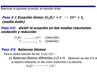 Balancear la siguiente ecuación, en solución ácida: Paso # 1   Ecuación iónica: Cr 2 O 7 2-  + I  -   Cr 3+  + I 2  (medio ácido) Paso #2 :  dividir la ecuación en dos medias reacciones: oxidación y reducción Cr 2 O 7 2-   Cr 3+   [reducción] I  -   I 2   [oxidación] Paso #3:   Balancea átomos Para la media reacción del del  Cr 2 O 7 2- /Cr 3+  : a)  Balancea átomos diferentes a O e H.  Balancear los dos Cr’s de la izquiera colocando un dos como coeficiente a la derecha .  Cr 2 O 7 2-   2  Cr 3+ 
