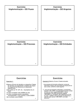 7
37
Exercicios
Implementação – DD Fluxos
38
Exercicios
Implementação – DD Arquivos
39
Exercicios
Implementação – DD Processos
40
Exercicios
Implementação – DD Entidades
41
Exercicios
Exercício 1:
Elabore a Árvore de decisão e a respectiva Tabela
de decisão que represente o sistema de preços
de alugueres de filmes de um videoclube,
sabendo que:
serão grátis as 10ª, 20ª, etc.. requisições de um
sócio;
um filme novidade custa 300$00 por dia;
um filme novidade quando requisitado
"acompanhado" ( com outro(s) ) custa 250$00
não novidade custa 250$00;
42
Exercicios
Exercício 2: Elabore a Árvore e Tabela de decisão.
Uma empresa de formação profissional, na área de
informática, decidiu criar uma política de preços para os
seus cursos, conforme o texto seguinte:
"(...) No curso de Iniciação à Informática, os estudantes
pagarão 1.000, 00MTn. Se pretenderem liquidar a dívida
no início do curso, pagarão 800,00MTn. Outros
interessados, não sendo estudantes, pagarão
1500,00MTn ou, se optarem pelo pagamento no início
do curso, 1200MTn. Para gruposde seiselementos, o
valordo curso será de 1.000, 00MTn, por cada
elemento."
 