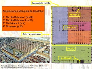 Ampliaciones Mezquita de Córdoba: 1º Abd Al-Rahman I (s.VIII) 2º Abd Al-Rahman II (s.IX) 3º Al-Hakam II (s.X) 4º Almansur (s.X) PATIO ALMINAR CATEDRAL Sala de oraciones MIHRAB Muro de la quibla 