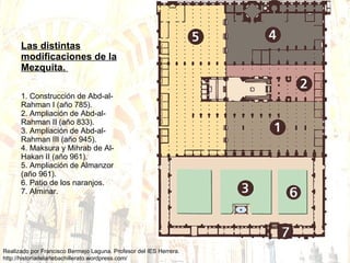 Las distintas modificaciones de la Mezquita.  1. Construcción de Abd-al-Rahman I (año 785).  2. Ampliación de Abd-al-Rahman II (año 833).  3. Ampliación de Abd-al-Rahman III (año 945).  4. Maksura y Mihrab de Al-Hakan II (año 961).  5. Ampliación de Almanzor (año 961).  6. Patio de los naranjos.  7. Alminar. 