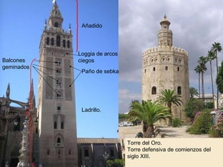 Paño de sebka Loggia de arcos ciegos Balcones  geminados Añadido Torre original Ladrillo. Torre del Oro. Torre defensiva de comienzos del siglo XIII. 