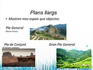 Plans llargs 
● Mostren mes espais que objectes: 
Gran Pla General 
Pla General 
Machu Picchu. 
Pla de Conjunt 
El valle. 
El llanero solitario. 
 