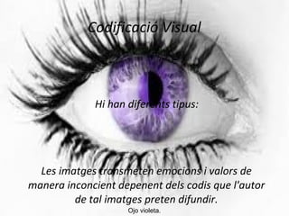 Codificació Visual 
Hi han diferents tipus: 
Les imatges transmeten emocions i valors de 
manera inconcient depenent dels codis que l'autor 
de tal imatges preten difundir. 
Ojo violeta. 
 