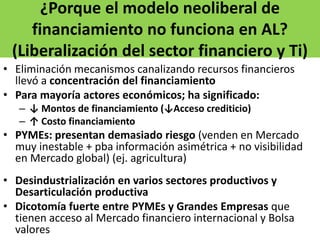 ¿Porque el modelo neoliberal de
financiamiento no funciona en AL?
(Liberalización del sector financiero y Ti)
• Eliminación mecanismos canalizando recursos financieros
llevó a concentración del financiamiento
• Para mayoría actores económicos; ha significado:
– ↓ Montos de financiamiento (↓Acceso crediticio)
– ↑ Costo financiamiento
• PYMEs: presentan demasiado riesgo (venden en Mercado
muy inestable + pba información asimétrica + no visibilidad
en Mercado global) (ej. agricultura)
• Desindustrialización en varios sectores productivos y
Desarticulación productiva
• Dicotomía fuerte entre PYMEs y Grandes Empresas que
tienen acceso al Mercado financiero internacional y Bolsa
valores
 