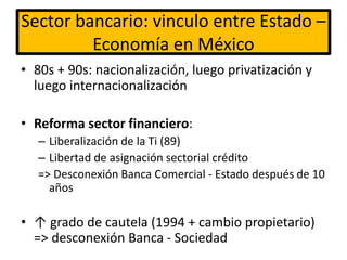 Sector bancario: vinculo entre Estado –
Economía en México
• 80s + 90s: nacionalización, luego privatización y
luego internacionalización
• Reforma sector financiero:
– Liberalización de la Ti (89)
– Libertad de asignación sectorial crédito
=> Desconexión Banca Comercial - Estado después de 10
años
• ↑ grado de cautela (1994 + cambio propietario)
=> desconexión Banca - Sociedad
 