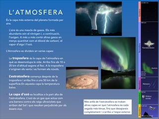 L’ AT M O S F E R A
És la capa més externa del planeta formada per
aire.
• L’aire és una mescla de gasos. Els més
abundants són el nitrògen i, a continuació,
l’oxigen. A més a més conté altres gasos en
menys quantitat com el diòxid de carboni, el
vapor d’aiga i l’ozó.
L’Atmosfera es divideix en varies capes:
• La troposfera és la capa de l’atmosfera en
què es desenvolupa la vida. Arriba fins als 10 o
20 km d’altitud segons el lloc. A la troposfera
s’originen els vents i es formen els núvols.
• L’estratosfera comença després de la
troposfera i arriba fins a uns 50 km de la
superfície.En aquesta capa la temperatura
baixa.
• La capa d’ozó es localitza a la part alta de
l’estratosfera. L’ozó és un gas que actua com
una barrera contra els raigs ultraviolats que
arriben del Sol i que resulten perjudicials per als
éssers vius.
Més enllà de l’estratosfera es troben
altres capes en què l’atmosfera és cada
vegada més tènue, fins que desapareix
completament i s’arriba a l’espai exterior.
 