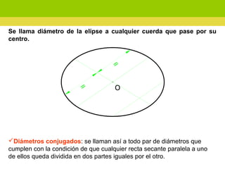 Diámetros conjugados: se llaman así a todo par de diámetros que
cumplen con la condición de que cualquier recta secante paralela a uno
de ellos queda dividida en dos partes iguales por el otro.
Se llama diámetro de la elipse a cualquier cuerda que pase por su
centro.
OOOOO=
=
 