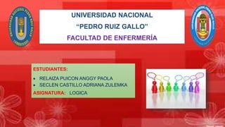 UNIVERSIDAD NACIONAL
“PEDRO RUIZ GALLO”
FACULTAD DE ENFERMERÍA
ESTUDIANTES:
 RELAIZA PUICON ANGGY PAOLA
 SECLEN CASTILLO ADRIANA ZULEMKA
ASIGNATURA: LOGICA
 
