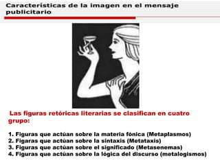 Las figuras retóricas literarias se clasifican en cuatro
grupo:
1. Figuras que actúan sobre la materia fónica (Metaplasmos)
2. Figaras que actúan sobre la sintaxis (Metataxis)
3. Figuras que actúan sobre el significado (Metasenemas)
4. Figuras que actúan sobre la lógica del discurso (metalogismos)
 