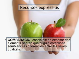 Recursos expressius 
• COMPARACIÓ: consisteix en exposar dos 
elements per tan que puguin establir-se 
semblances i diferències entre les seves 
qualitats. 
 