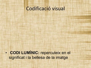 Codificació visual 
• CODI LUMÍNIC: repercuteix en el 
significat i la bellesa de la imatge 
 