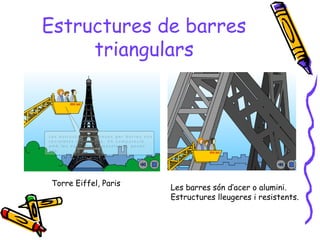 Estructures de barres
triangulars
Les barres són d’acer o alumini.
Estructures lleugeres i resistents.
Torre Eiffel, Paris
 