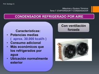 Máquinas y Equipos Térmicos
Tema 7: EVAPORADOR Y CONDENSADOR
Prof. Santiago G.
CONDENSADOR REFRIGERADO POR AIRE
Con ventilación
forzadaCaracterísticas:
• Potencias medias
( aprox. 30.000 kcal/h )
• Consumo adicional
• Más económicos que
los refrigerados por
agua
• Ubicación normalmente
exterior
 
