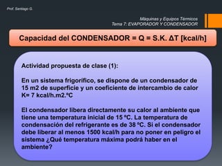 Máquinas y Equipos Térmicos
Tema 7: EVAPORADOR Y CONDENSADOR
Prof. Santiago G.
Capacidad del CONDENSADOR = Q = S.K. ΔT [kcal/h]
Actividad propuesta de clase (1):
En un sistema frigorífico, se dispone de un condensador de
15 m2 de superficie y un coeficiente de intercambio de calor
K= 7 kcal/h.m2.ºC
El condensador libera directamente su calor al ambiente que
tiene una temperatura inicial de 15 ºC. La temperatura de
condensación del refrigerante es de 38 ºC. Si el condensador
debe liberar al menos 1500 kcal/h para no poner en peligro el
sistema ¿Qué temperatura máxima podrá haber en el
ambiente?
 