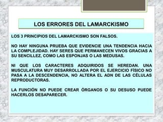 LOS ERRORES DEL LAMARCKISMO
LOS 3 PRINCIPIOS DEL LAMARCKISMO SON FALSOS.
NO HAY NINGUNA PRUEBA QUE EVIDENCIE UNA TENDENCIA HACIA
LA COMPLEJIDAD. HAY SERES QUE PERMANECEN VIVOS GRACIAS A
SU SENCILLEZ, COMO LAS ESPONJAS O LAS MEDUSAS.
NI QUE LOS CARACTERES ADQUIRIDOS SE HEREDAN. UNA
MUSCULATURA MUY DESARROLLADA POR EL EJERCICIO FÍSICO NO
PASA A LA DESCENDENCIA, NO ALTERA EL ADN DE LAS CÉLULAS
REPRODUCTORAS.
LA FUNCIÓN NO PUEDE CREAR ÓRGANOS O SU DESUSO PUEDE
HACERLOS DESAPARECER.
 