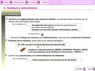 PRESENTACIÓN
                                                                            HISTORIA DE ESPAÑA Y DE NAVARRA
  INICIO                              RECURSOS       INTERNET
                                                                            TEMA 7. LA DICTADURA FRANQUISTA I


 4.- Autarquía y racionamiento

4.1. La autarquía

           Control y la reglamentación del comercio exterior: se prohíbe el libre comercio con el
           exterior sin autorización del Estado
              Con el objetivo de
                                         -No depender del exterior (limitar las importaciones a
                                         productos imprescindibles)
                                         -Imponer un marcado carácter nacionalista y estatal

                                      Consecuencia

             Escasez de bienes de consumo y de materias primas: descenso de la producción industrial
       Fomento de la industria, sobre todo la de interés estratégico
                    - En 1941 se crea el Instituto Nacional de Industria (INI)

                                 23
                            C.        Surgieron empresas públicas (IBERIA, ENSIDESA, ENASA o SEAT)
                          DO
                                      y se nacionalizaron otras (Telefónica, ferrocarriles – RENFE -)

       Control de la producción y la comercialización de alimentos
               Con el objetivo de
                                          -Fijar la producción y los precios de los alimentos



                                                                                            ANTERIOR    SALIR
 