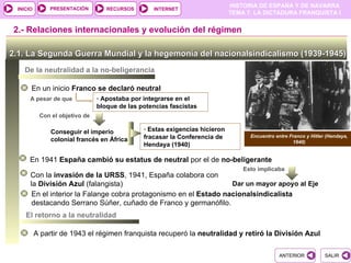 PRESENTACIÓN
                                                                             HISTORIA DE ESPAÑA Y DE NAVARRA
 INICIO                            RECURSOS       INTERNET
                                                                             TEMA 7. LA DICTADURA FRANQUISTA I


2.- Relaciones internacionales y evolución del régimen

2.1. La Segunda Guerra Mundial y la hegemonía del nacionalsindicalismo (1939-1945)
   De la neutralidad a la no-beligerancia

      En un inicio Franco se declaró neutral
      A pesar de que            - Apostaba por integrarse en el
                                bloque de las potencias fascistas
           Con el objetivo de

               Conseguir el imperio            - Estas exigencias hicieron
               colonial francés en África      fracasar la Conferencia de          Encuentro entre Franco y Hitler (Hendaya,
                                                                                                    1940)
                                               Hendaya (1940)

      En 1941 España cambió su estatus de neutral por el de no-beligerante
                                                                                 Esto implicaba
      Con la invasión de la URSS, 1941, España colabora con
      la División Azul (falangista)                                Dar un mayor apoyo al Eje
       En el interior la Falange cobra protagonismo en el Estado nacionalsindicalista
       destacando Serrano Súñer, cuñado de Franco y germanófilo.
    El retorno a la neutralidad

          A partir de 1943 el régimen franquista recuperó la neutralidad y retiró la División Azul

                                                                                               ANTERIOR           SALIR
 