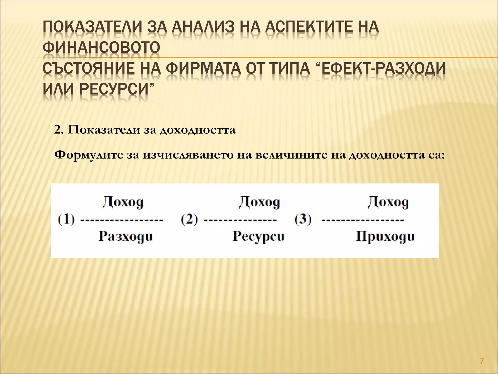ПОКАЗАТЕЛИ ЗА АНАЛИЗ НА АСПЕКТИТЕ НА
ФИНАНСОВОТО
СЪСТОЯНИЕ НА ФИРМАТА ОТ ТИПА “ЕФЕКТ-РАЗХОДИ
ИЛИ РЕСУРСИ”
2. Показатели за доходността
Формулите за изчисляването на величините на доходността са:
7
 