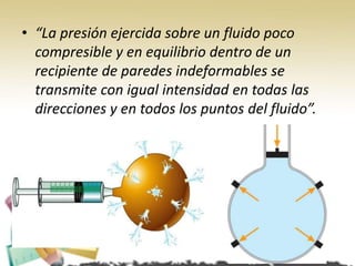 • “La presión ejercida sobre un fluido poco
compresible y en equilibrio dentro de un
recipiente de paredes indeformables se
transmite con igual intensidad en todas las
direcciones y en todos los puntos del fluido”.
 