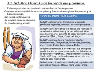 • Elaboran productos destinados al consumo directo. Sus rasgos son:
-Consumen menor cantidad de materias primas y fuentes de energía que las pesadas y de
bienes de equipo.
-Son menos contaminantes.
–Se localizan cerca de ciudades.
–Su tamaño es muy variado.
3.3. Industrias ligeras o de bienes de uso y consumo.
TIPOS DE INDUSTRIAS LIGERAS
Industria alimentaria: Transforma y manipula
productos vegetales, cárnicos, lácteos y pesqueros.
Industria automovilística: Se dedica a la fabricación
de vehículos industriales y de uso individual. Gran
crecimiento por el aumento de poder adquisitivo de la
población. EEUU, Japón, Corea del Sur, etc.
Industria química ligera: Produce productos
farmacéuticos, fotográficos, cosméticos, plásticos,
etc. Francia, Italia, Reino Unido e Italia.
Industria electrónica e informática: Sus principales
productos son los aparatos de radio, los televisores,
el material fotográfico,… Tradicionalmente en EEUU,
Japón y UE. Hoy a países de menor desarrollo por
mano de obra más barata.
Industria textil: realizan el hilado y el tejido hasta la
confección. Francia, Bélgica, Reino Unido, China.
 