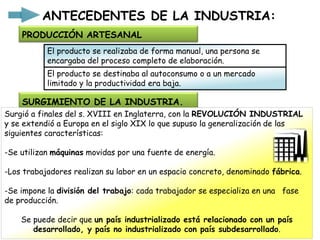 Surgió a finales del s. XVIII en Inglaterra, con la REVOLUCIÓN INDUSTRIAL
y se extendió a Europa en el siglo XIX lo que supuso la generalización de las
siguientes características:
-Se utilizan máquinas movidas por una fuente de energía.
-Los trabajadores realizan su labor en un espacio concreto, denominado fábrica.
-Se impone la división del trabajo: cada trabajador se especializa en una fase
de producción.
Se puede decir que un país industrializado está relacionado con un país
desarrollado, y país no industrializado con país subdesarrollado.
ANTECEDENTES DE LA INDUSTRIA:
PRODUCCIÓN ARTESANAL
El producto se realizaba de forma manual, una persona se
encargaba del proceso completo de elaboración.
El producto se destinaba al autoconsumo o a un mercado
limitado y la productividad era baja.
SURGIMIENTO DE LA INDUSTRIA.
 