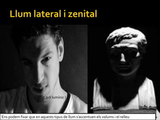 Ens podem fixar que en aquests tipus de llum saccentuen els volums i el relleu
(Codi lumnic )
 