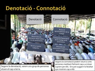 Denotaci Connotaci
Segons la denotaci, veiem uns grup de persones
situen el cap a terra.
Segons la connotaci podem veure a unes
persones meditant fielment cap a un sser
suprem per ells. Ens pot suggerir la lleialtat
que mostren cap a Al
 