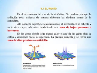 4.1 EL VIENTO

         Es el movimiento del aire de la atmósfera. Se produce por que la
radiación solar calienta de manera diferente las distintas zonas de la
atmósfera.
         Allí donde la superficie se calienta más, el aire también se calienta y
asciende a capas más altas produciendo una zona de bajas presiones o
borrascas.
         En las zonas donde llega menos calor el aire de las capas altas se
enfría y desciende hacia la superficie. La presión aumenta y se forma una
zona de altas presiones o anticiclón.
 