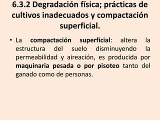 6.3.2 Degradación física; prácticas de
cultivos inadecuados y compactación
superficial.
• La compactación superficial: altera la
estructura del suelo disminuyendo la
permeabilidad y aireación, es producida por
maquinaria pesada o por pisoteo tanto del
ganado como de personas.

 