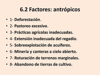 6.2 Factores: antrópicos
•
•
•
•
•
•
•
•

1- Deforestación.
2- Pastoreo excesivo.
3- Prácticas agrícolas inadecuadas.
4- Extensión inadecuada del regadío.
5- Sobreexplotación de acuíferos.
6- Minería y canteras a cielo abierto.
7- Roturación de terrenos marginales.
8- Abandono de tierras de cultivo.

 