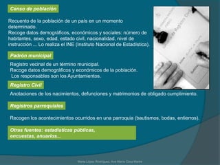 Censo de poblaciónRecuento de la población de un país en un momento determinado. Recoge datos demográficos, económicos y sociales: número de habitantes, sexo, edad, estado civil, nacionalidad, nivel de instrucción ... Lo realiza el INE (Instituto Nacional de Estadística).Padrón municipalRegistro vecinal de un término municipal. Recoge datos demográficos y económicos de la población.Los responsables son los Ayuntamientos.Registro CivilAnotaciones de los nacimientos, defunciones y matrimonios de obligado cumplimiento. Registros parroquialesRecogen los acontecimientos ocurridos en una parroquia (bautismos, bodas, entierros). Otras fuentes: estadísticas públicas, encuestas, anuarios...Marta López Rodríguez, Ave María Casa Madre