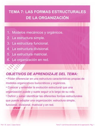Tema 7: Las formas estructurales de la organización. Pág. 1Prof. Dr. Juan J. López García
TEMA 7: LAS FORMAS ESTRUCTURALES
DE LA ORGANIZACIÓN
1. Modelos mecánicos y orgánicos.
2. La estructura simple.
3. La estructura funcional.
4. La estructura divisional.
5. La estructura matricial.
6. La organización en red.
OBJETIVOS DE APRENDIZAJE DEL TEMA:
• Poder diferenciar en una estructura características propias de
modelos organizativos burocráticos y orgánicos.
• Conocer y entender la evolución estructural que una
organización puede y suele seguir a lo largo de su vida.
• Definir y saber identificar las diferentes formas estructurales
que puede adoptar una organización: estructura simple,
funcional, divisional, matricial y en red.
 