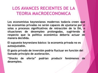 Los economistas keynesianos modernos todavía creen que
las economías privadas no serán capaces de ajustarse por si
solas a procesos significativos de retracción de la DA, o
situaciones de desempleo prolongadas, sugiriendo al
respecto que la política económica debería actuar de
manera decidida.
El supuesto keynesiano básico: la economía privada no es
autoajustable.
El gasto privado de inversión podría fluctuar en función del
llamado principio de aceleración.
“Shocks de oferta” podrían producir fenómenos de
desempleo.
LOS AVANCES RECIENTES DE LA
TEORIA MACROECONOMICA
 