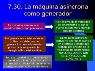 7.30. La máquina asíncrona
7.30. La máquina asíncrona
como generador
como generador
La máquina asíncrona se
La máquina asíncrona se
puede utilizar como generador
puede utilizar como generador
Por encima de la velocidad
Por encima de la velocidad
de sincronismo el par se
de sincronismo el par se
vuelve resistente y entrega
vuelve resistente y entrega
energía eléctrica
energía eléctrica
Los generadores asíncronos se
Los generadores asíncronos se
utilizan en sistemas de
utilizan en sistemas de
generación donde la fuente
generación donde la fuente
primaria es muy variable:
primaria es muy variable:
energía eólica e
energía eólica e hidraúlica
hidraúlica
La máquina asíncrona
La máquina asíncrona
convierte energía mecánica
convierte energía mecánica
en eléctrica siempre que
en eléctrica siempre que
trabaja por encima de la
trabaja por encima de la
velocidad de sincronismo.
velocidad de sincronismo.
NO ES NECESARIO QUE
NO ES NECESARIO QUE
GIRE A VELOCIDAD
GIRE A VELOCIDAD
CONSTANTE
CONSTANTE
En la actualidad existen máquinas
En la actualidad existen máquinas
con doble alimentación rotor
con doble alimentación rotor –
–
estator para mejorar el rendimiento
estator para mejorar el rendimiento
en generación eólica e hidráulica
en generación eólica e hidráulica
 
