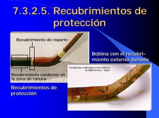Recubrimiento de reparto
Recubrimiento conductor en
la zona de ranura
7.3.2.5. Recubrimientos de
7.3.2.5. Recubrimientos de
protección
protección
Recubrimientos de
protección
Recubrimientos de
protección
Bobina con el recubri-
miento externo dañado
Bobina con el recubri-
miento externo dañado
Fotograf
Fotografí
ías realizadas en los talleres
as realizadas en los talleres
de ABB
de ABB Service
Service -
- Gij
Gijó
ón
n
 