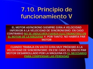 EL MOTOR ASÍNCRONO SIEMPRE GIRA A VELOCIDAD
EL MOTOR ASÍNCRONO SIEMPRE GIRA A VELOCIDAD
INFERIOR A LA VELOCIDAD DE SINCRONISMO: EN CASO
INFERIOR A LA VELOCIDAD DE SINCRONISMO: EN CASO
CONTRARIO
CONTRARIO NO SE INDUCIRÍA FUERZA ELECTROMOTRIZ EN
NO SE INDUCIRÍA FUERZA ELECTROMOTRIZ EN
EL ROTOR DE LA MÁQUINA
EL ROTOR DE LA MÁQUINA Y, POR TANTO, NO HABRÍA PAR
Y, POR TANTO, NO HABRÍA PAR
MOTOR
MOTOR
7.10. Principio de
7.10. Principio de
funcionamiento V
funcionamiento V
CUANDO TRABAJA EN VACÍO GIRA MUY PRÓXIMO A LA
CUANDO TRABAJA EN VACÍO GIRA MUY PRÓXIMO A LA
VELOCIDAD DE SINCRONISMO. EN ESE CASO, EL ÚNICO PAR
VELOCIDAD DE SINCRONISMO. EN ESE CASO, EL ÚNICO PAR
MOTOR DESARROLLADO POR LA MÁQUINA ES
MOTOR DESARROLLADO POR LA MÁQUINA ES EL NECESARIO
EL NECESARIO
PARA COMPENSAR LAS PÉRDIDAS
PARA COMPENSAR LAS PÉRDIDAS
 