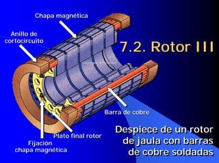 7.2. Rotor III
7.2. Rotor III
7.2. Rotor III
Chapa magnética
Chapa magnética
Barra de cobre
Barra de cobre
Plato final rotor
Plato final rotor
Fijación
Fijación
chapa magnética
chapa magnética
Anillo de
Anillo de
cortocircuito
cortocircuito
Despiece de un rotor
de jaula con barras
de cobre soldadas
Despiece de un rotor
Despiece de un rotor
de jaula con barras
de jaula con barras
de cobre soldadas
de cobre soldadas
Cat
Catá
álogos comerciales
logos comerciales
 