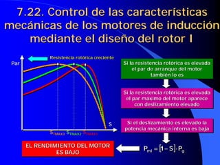 7.22. Control de las características
7.22. Control de las características
mecánicas de los motores de inducción
mecánicas de los motores de inducción
mediante el diseño del rotor I
mediante el diseño del rotor I
Resistencia
Resistencia rotórica
rotórica creciente
creciente
S
STMAX1
TMAX1
S
STMAX2
TMAX2
S
STMAX3
TMAX3
Par
Par
S
S
EL RENDIMIENTO DEL MOTOR
ES BAJO
EL RENDIMIENTO DEL MOTOR
EL RENDIMIENTO DEL MOTOR
ES BAJO
ES BAJO
Si la resistencia rotórica es elevada
el par de arranque del motor
también lo es
Si la resistencia
Si la resistencia rotórica
rotórica es elevada
es elevada
el par de arranque del motor
el par de arranque del motor
también lo es
también lo es
Si la resistencia rotórica es elevada
el par máximo del motor aparece
con deslizamiento elevado
Si la resistencia
Si la resistencia rotórica
rotórica es elevada
es elevada
el par máximo del motor aparece
el par máximo del motor aparece
con deslizamiento elevado
con deslizamiento elevado
[
[
[
[ ]
]
]
] g
mi P
S
P ⋅
⋅
⋅
⋅
−
−
−
−
=
=
=
= 1
[
[
[
[ ]
]
]
] g
mi P
S
P ⋅
⋅
⋅
⋅
−
−
−
−
=
=
=
= 1
Si el deslizamiento es elevado la
potencia mecánica interna es baja
Si el deslizamiento es elevado la
Si el deslizamiento es elevado la
potencia mecánica interna es baja
potencia mecánica interna es baja
 