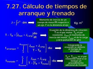7.27. Cálculo de tiempos de
7.27. Cálculo de tiempos de
arranque y frenado
arranque y frenado
∫ ⋅
= dm
r
J 2
∫ ⋅
= dm
r
J 2 2
m
Kg ⋅
2
m
Kg ⋅
Momento de inercia de un
Momento de inercia de un
cuerpo de masa
cuerpo de masa m
m respecto a
respecto a
un eje.
un eje. r
r es la distancia al eje
es la distancia al eje
[ ]dt
d
J
J
T
T arg
c
mot
R
ω
ω
ω
ω
+
=
− [ ]dt
d
J
J
T
T arg
c
mot
R
ω
ω
ω
ω
+
=
−
Ecuación de la dinámica de rotación:
Ecuación de la dinámica de rotación:
T
T es el par motor,
es el par motor, T
TR
R el par
el par
resistente
resistente J
Jmot
mot el momento de
el momento de
inercia del motor,
inercia del motor, J
Jcarg
carg el de la carga
el de la carga
y
y ω
ω
ω
ω
ω
ω
ω
ω la pulsaci
la pulsació
ón de giro
n de giro
ω
ω
ω
ω
ω
ω
ω
ω
d
T
T
J
J
t
nominal
R
arg
c
mot
arranque ⋅






−
+
= ∫
0
ω
ω
ω
ω
ω
ω
ω
ω
d
T
T
J
J
t
nominal
R
arg
c
mot
arranque ⋅






−
+
= ∫
0
Integrando la
Integrando la
ecuación se obtiene
ecuación se obtiene
el tiempo de
el tiempo de
arranque
arranque
[ ]
ω
ω
ω
ω
ω
ω
ω
ω
d
T
T
T
J
J
t
nominal
freno
R
arg
c
mot
frenado ⋅






+
−
+
= ∫
0
[ ]
ω
ω
ω
ω
ω
ω
ω
ω
d
T
T
T
J
J
t
nominal
freno
R
arg
c
mot
frenado ⋅






+
−
+
= ∫
0 T
TR
R+
+ T
Tfreno
freno es el par
es el par
resistente total si se
resistente total si se
incluye un
incluye un
procedimiento
procedimiento
adicional de frenado
adicional de frenado
 
