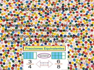 Fracciones equivalentes
• Pueden ser:
• Por amplificación: multiplicando el numerador y el
denominador por el mismo número.
• Por simplificación: dividendo el numerador y el
denominador por el mismo número.
 