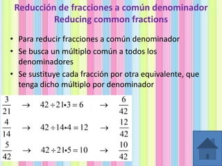 Reducción de fracciones a común denominador
Reducing common fractions
• Para reducir fracciones a común denominador
• Se busca un múltiplo común a todos los
denominadores
• Se sustituye cada fracción por otra equivalente, que
tenga dicho múltiplo por denominador

 