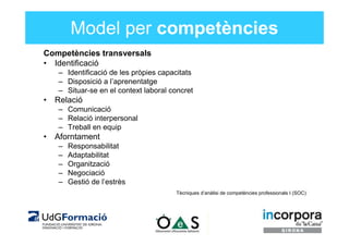Model per competències
Competències transversals
• Identificació
   – Identificació de les pròpies capacitats
   – Disposi...